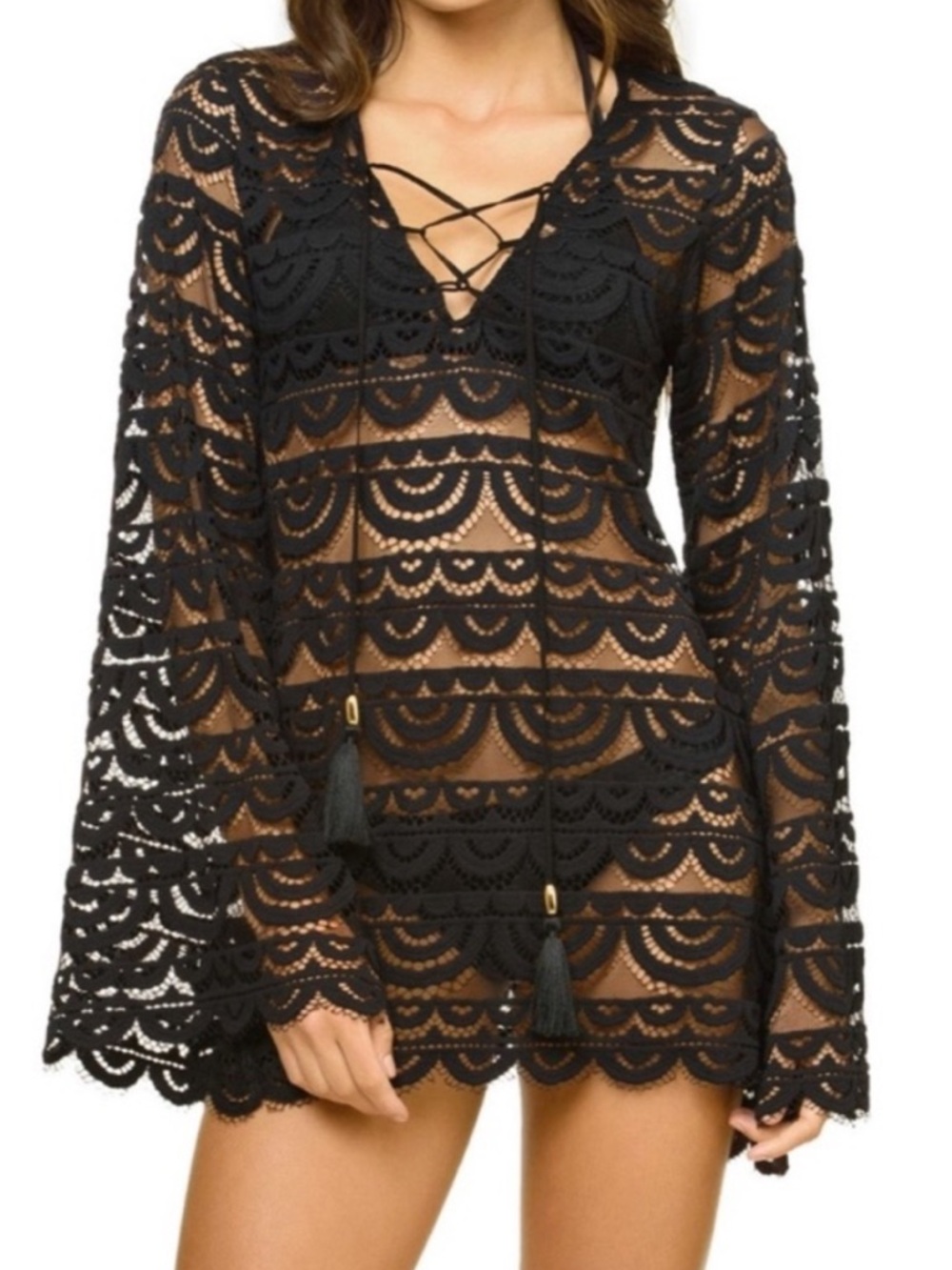 PQ Swim Black Crochet Lace Tunic Coverup with Tassel Tie